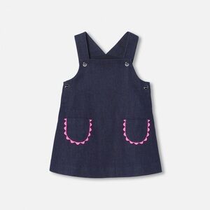 Jacadi Navy Denim Pinafore Dress with Pink Scallop Pockets